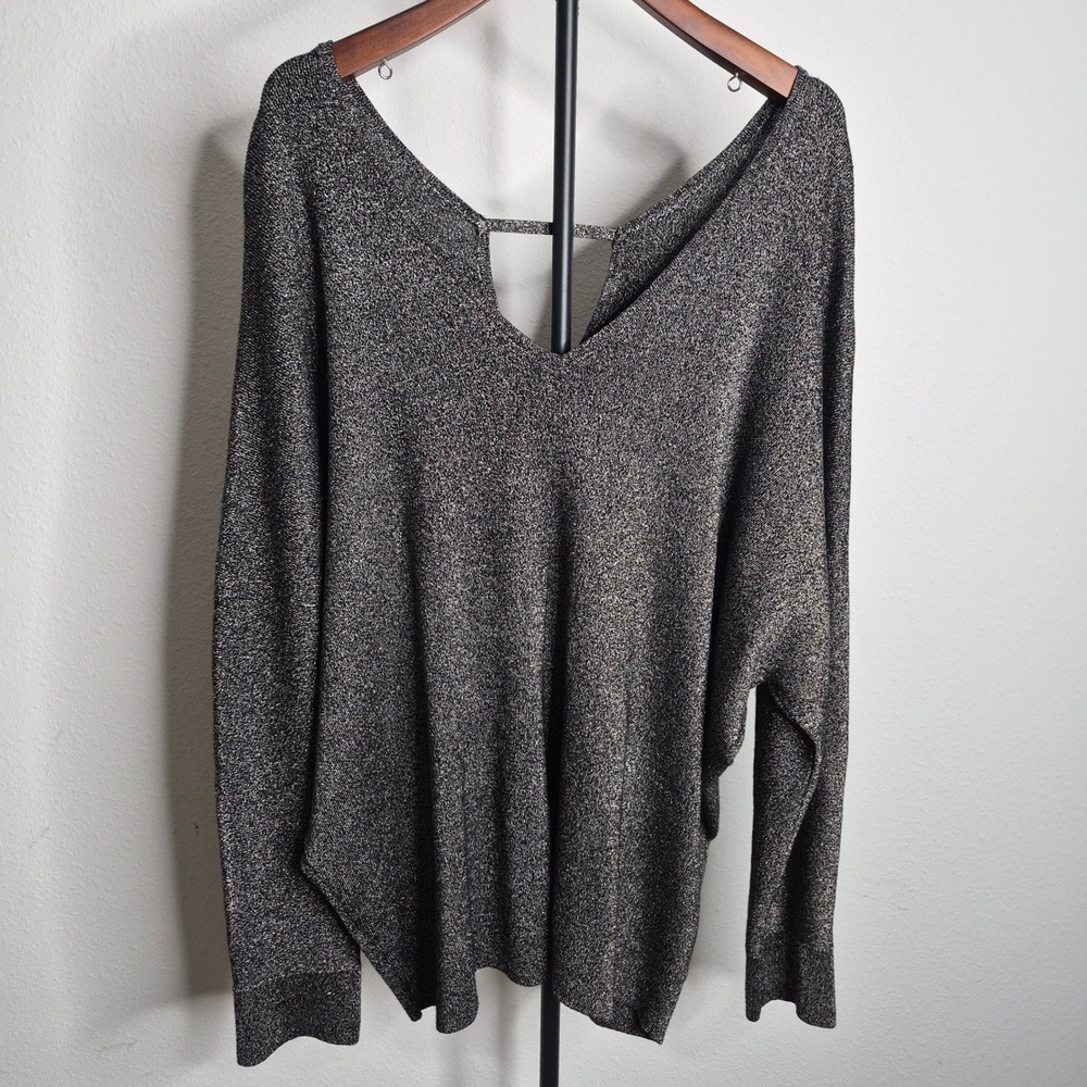 Lane Bryant Metallic Knit Batwing V-Neck Top Silver Bronze Black Shimmer 26/28